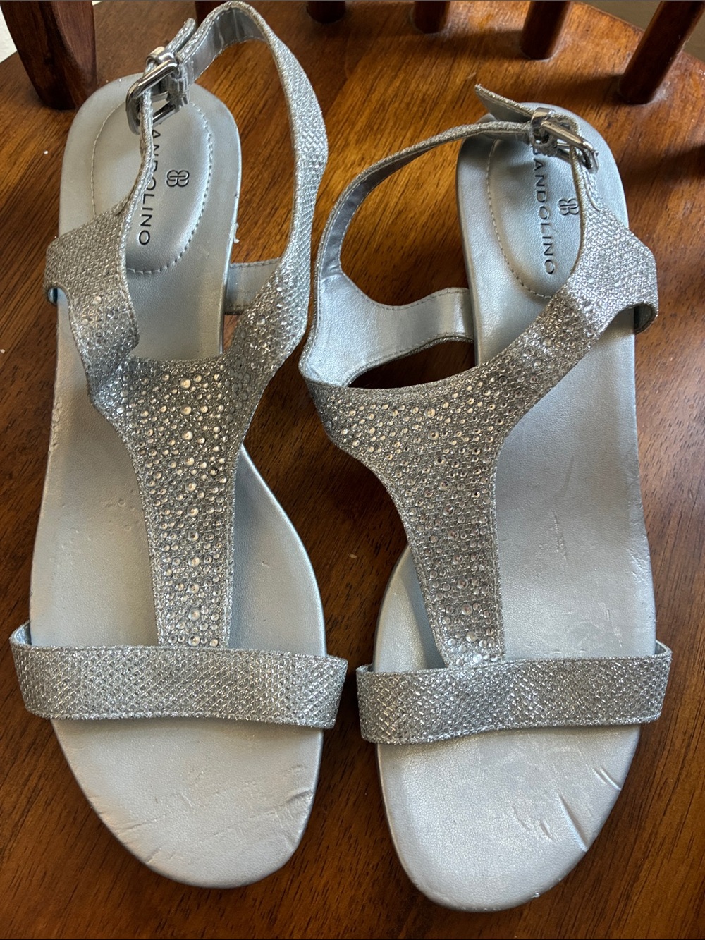 Bandolino Silver Rhinestone T‑Strap Sandals